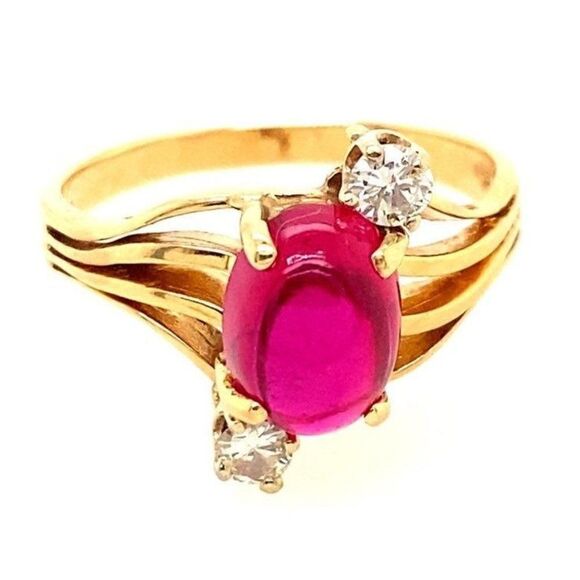 14k Cabuchon Ruby & Diamonds Ring - Picture 1 of 15